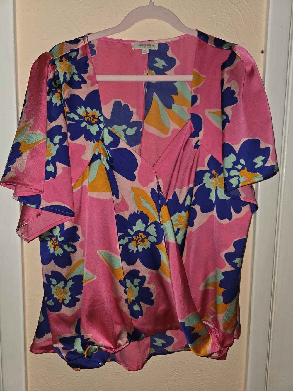 Umgee Pink Floral Faux Wrap Short Sleeve Blouse Plus Size 2X